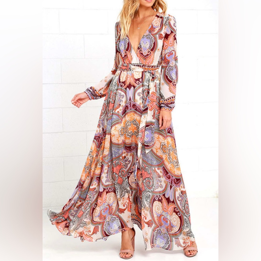 Lulu's Brown and Orange V-Neck Chiffon Boho Maxi Gown long Sleeves | M